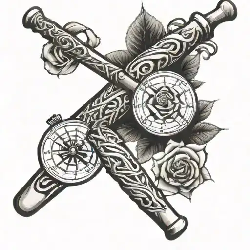 baseball bats, compass, and rose intertwined narrow for forearm  tattoo design idea