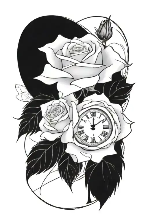 rose with clock with Roman numerals tattoo design idea
