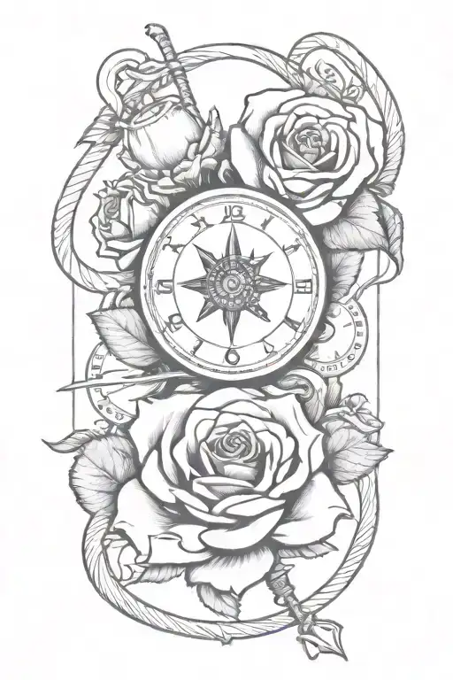 rose with a clock and broken baseball bats flying tattoo design idea