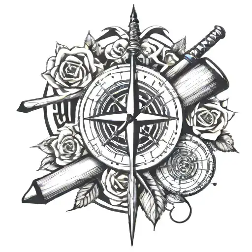 baseball bats, compass, and rose intertwined tattoo design idea