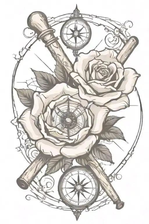 rose with a compass and broken baseball bats  tattoo design idea