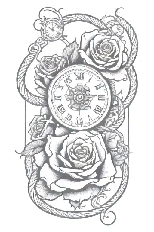 rose with a clock and snakes wrapping around and incorporating broken baseball bats  tattoo design idea