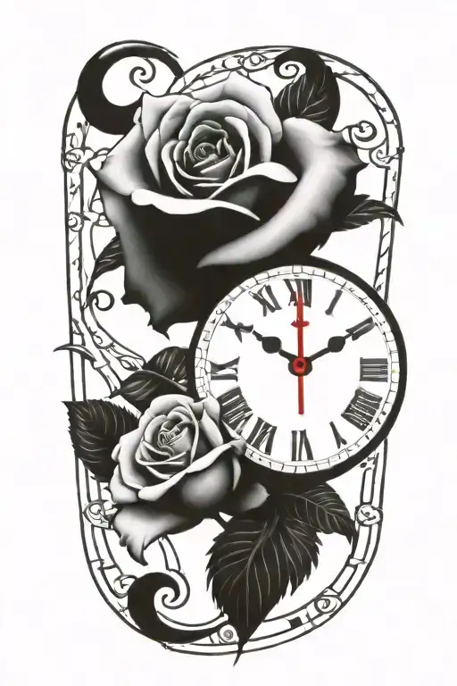 rose with a clock with Roman numerals and a baseball tattoo design idea
