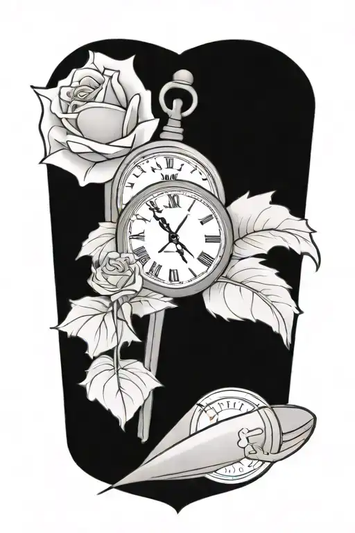 rose with a clock with Roman numerals and baseball bats  tattoo design idea