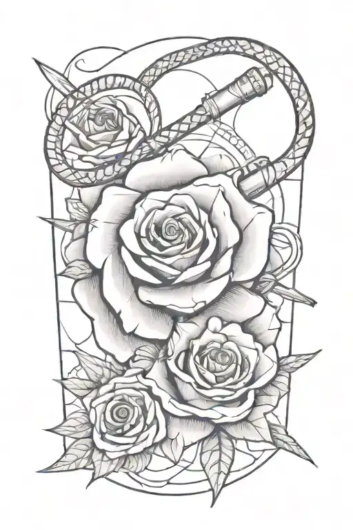 rose with a compass and broken baseball bats and snakes wrapping around  tattoo design idea