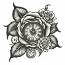 rose with clock with Roman numerals tattoo design idea