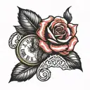 rose with clock with Roman numerals tattoo design idea