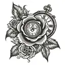 rose with clock with Roman numerals tattoo design idea
