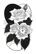 rose with clock with Roman numerals tattoo design idea