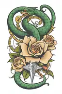 rose with a compass and broken baseball bats and snakes wrapping around  tattoo design idea