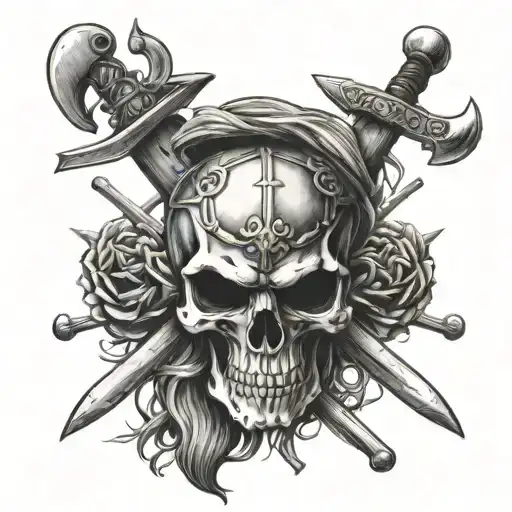 the royal lancers skull and cross bones in a viking theme with crossed axes tattoo design idea