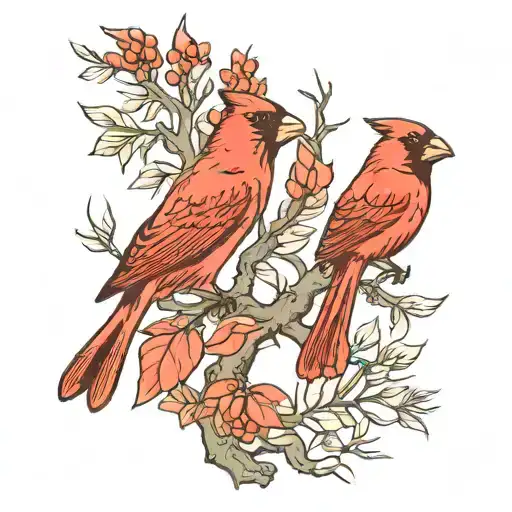 couple of birds cardinals sea mountain tree tattoo design idea