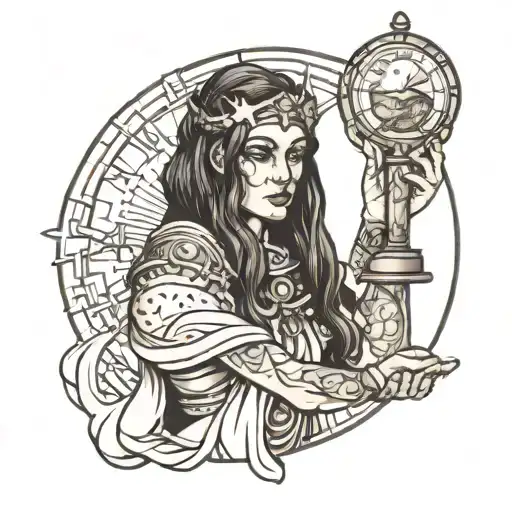 female chronos time god holding sand timer tattoo design idea