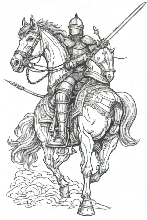 knight in armor on a horse with weapons clouds chains air lines tattoo design idea