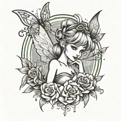 A tattoo design of Tinkerbell surrounded by a border of Kpop symbols and lyrics, showcasing the client's passion for Kpop and Disney tattoo design idea