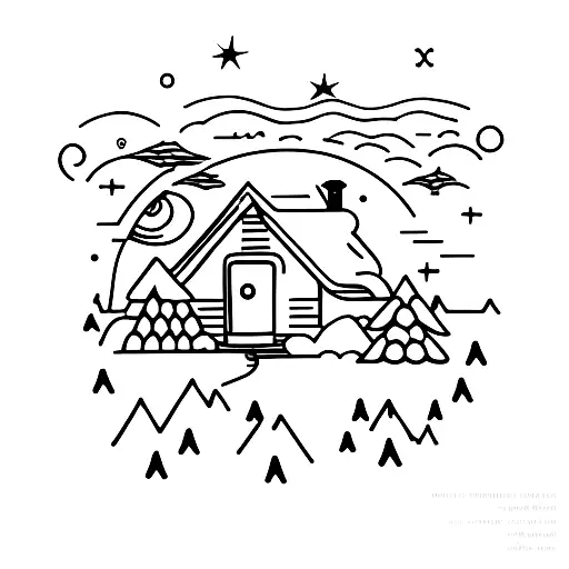 A minimalist tattoo of a cozy cabin nestled among a field of stars. tattoo design idea