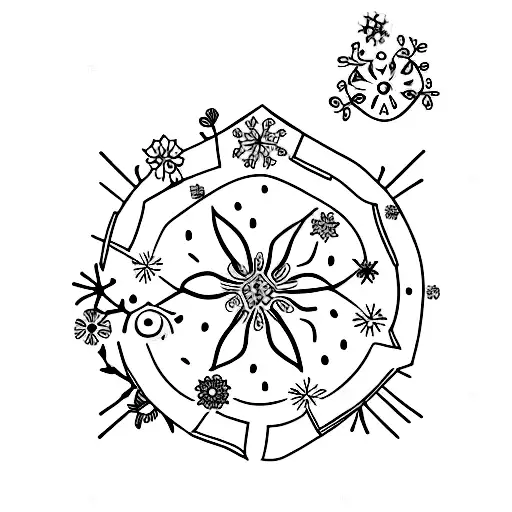 A minimalist tattoo of a home with flowers growing on its roof and a snowflake above it. tattoo design idea