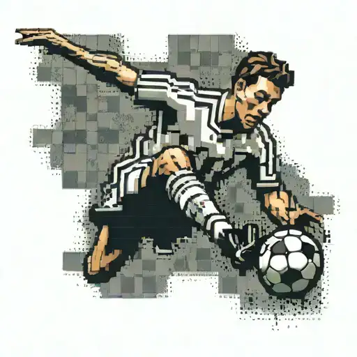 A pixel art representation of a famous soccer player scoring a goal in a video game setting, with a mix of retro and modern gaming elements tattoo design idea
