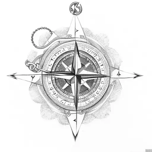 A compass rose with an anchor and coins tattoo design idea