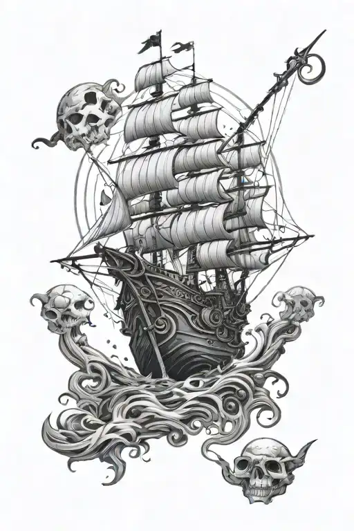 A futuristic sci-fi pirate ship sailing on a water planet with Celtic inspired patterns, surrounded by floating skulls tattoo design idea