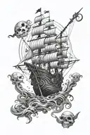 A futuristic sci-fi pirate ship sailing on a water planet with Celtic inspired patterns, surrounded by floating skulls tattoo design idea