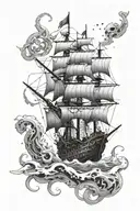 A futuristic sci-fi pirate ship sailing on a water planet with Celtic inspired patterns, surrounded by floating skulls tattoo design idea