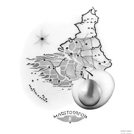 A dotwork tattoo of a vintage Ghanaian map with a golden mango as a marker for your connection with your mother tattoo design idea