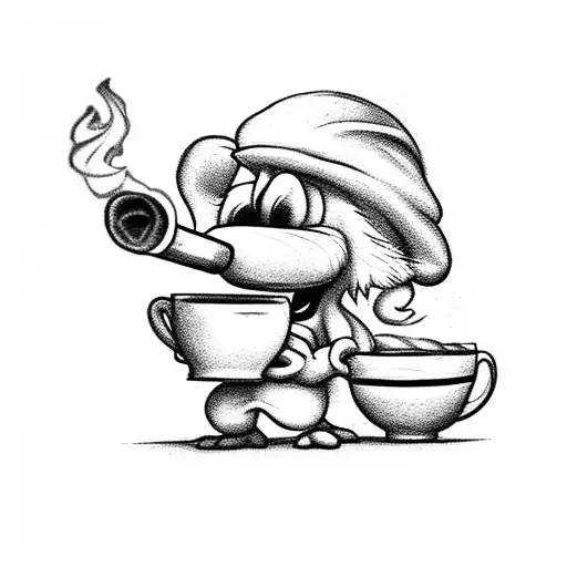 cartoon smurf smoking a cigar and cup of coffee in other hand weari tattoo design idea