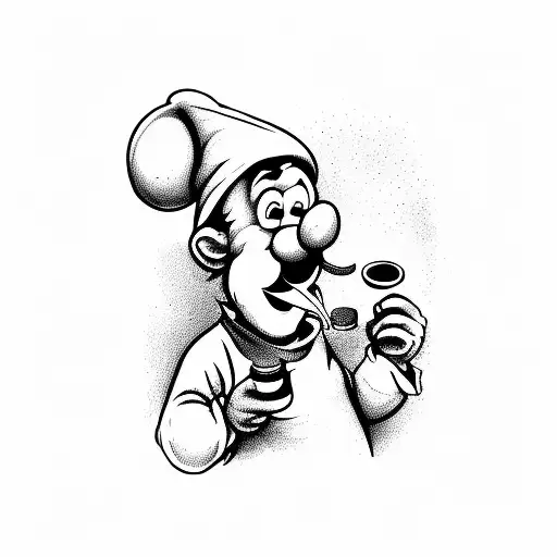 cartoon smurf smoking a cigar and cup of coffee in other hand weari tattoo design idea