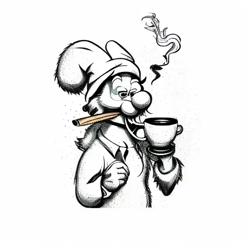 cartoon smurf smoking a cigar and cup of coffee in other hand wearing a leopard print dress tattoo design idea