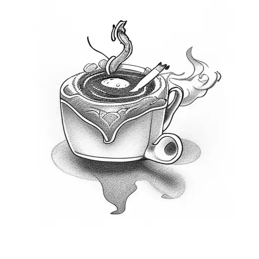 cartoon smurf smoking a doobie and cup of coffee in other hand weari tattoo design idea