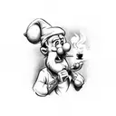 cartoon smurf smoking a cigar and cup of coffee in other hand weari tattoo design idea