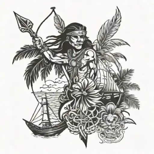 native american with bow and arrow, palm tree, pirate ship, including text: justitia pietas fides tattoo design idea