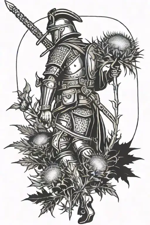 Create me a tattoo arm sleeve design with a Scottish soilder in a field of thistles walking away from a sword stuck into tattoo design idea