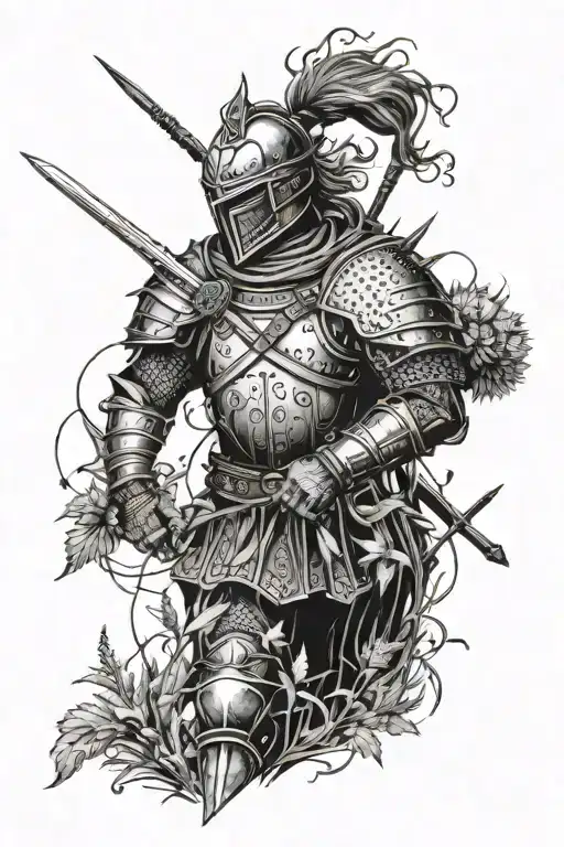 Create me a tattoo arm sleeve design with a Scottish warrior in a field of thistles walking away from a sword stuck into tattoo design idea