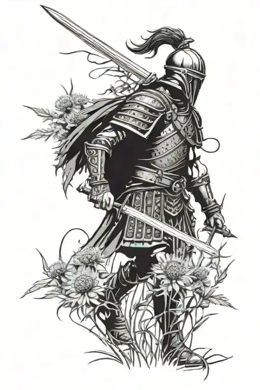 Create me a tattoo arm sleeve design with a Scottish warrior in a field of thistles walking away from a sword stuck into tattoo design idea