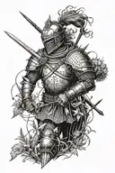 Create me a tattoo arm sleeve design with a Scottish warrior in a field of thistles walking away from a sword stuck into tattoo design idea