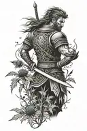 Create me a tattoo arm sleeve design with a Scottish warrior in a field of thistles walking away from a sword stuck into tattoo design idea