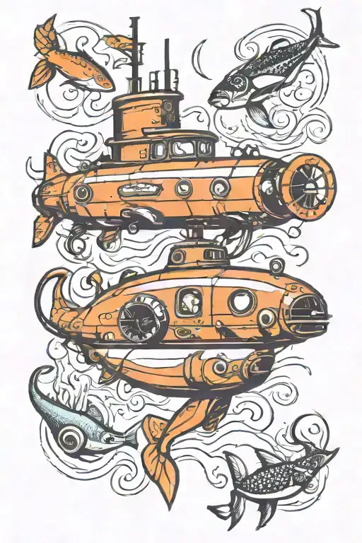 scuba diving, submarine, underwater scene tattoo design idea