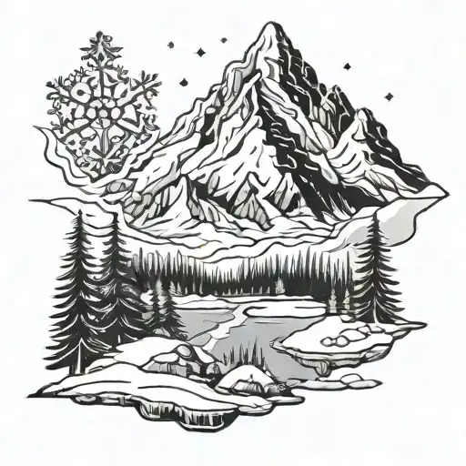 make me a basic black and white tattoo design of a snowy mountain with a snowflake sticking out tattoo design idea