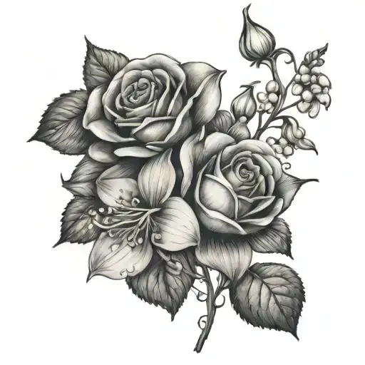 hydrangea lily of The Valley and rose tattoo design idea