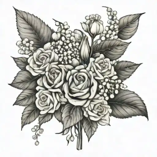 hydrangea lily of The Valley and rose bouquet  tattoo design idea