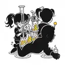 A whimsical and colorful tattoo of children playing with chemistry beakers and test tubes tattoo design idea