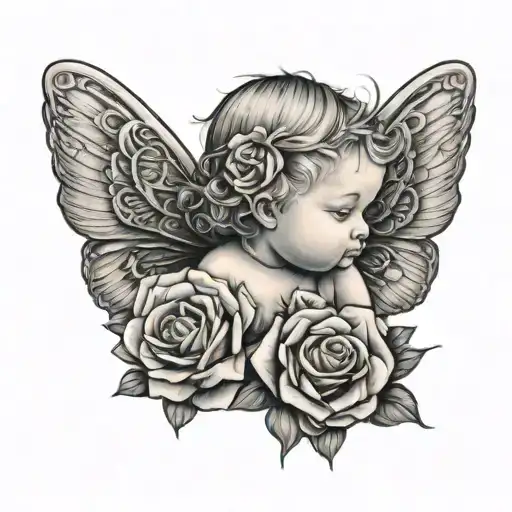 baby angel with butterfly wings and roses tattoo design idea