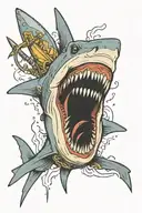 Posieden striking a shark with a trident piercing tattoo design idea