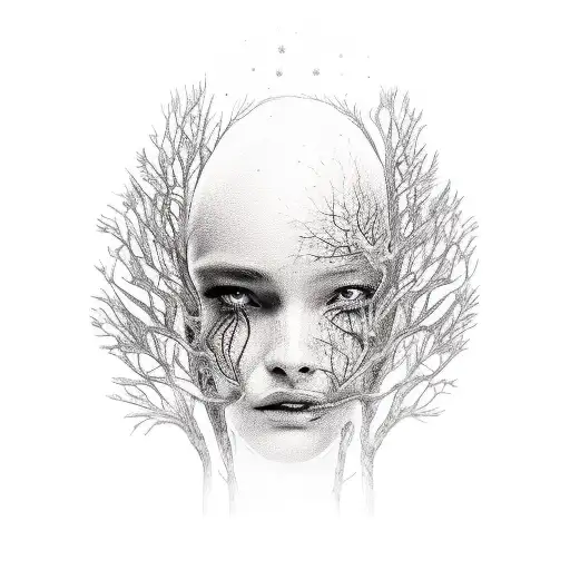 Femme en robe qui monte un esqualier qui mène jusqu'à un arbre avec un ruisseau former par des rocher.  tattoo design idea