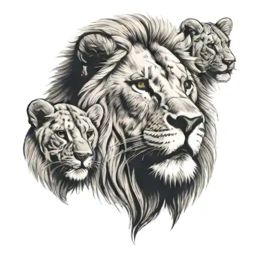 lion watching 4 cubs play  tattoo design idea