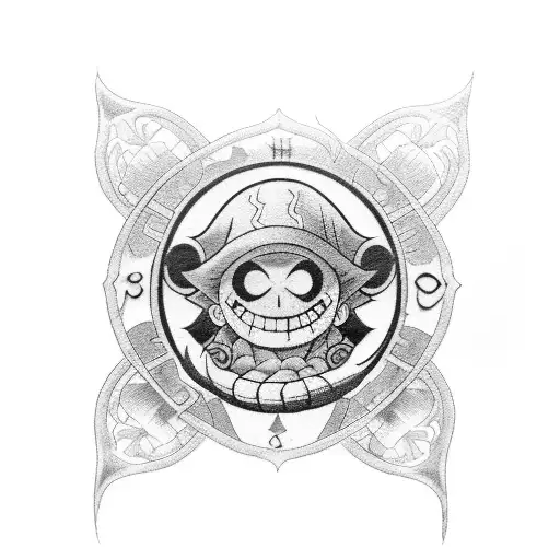 A detailed blackwork tattoo of Monkey D. Luffy from One Piece using mathematical symbols as background elements tattoo design idea