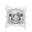 A detailed blackwork tattoo of Monkey D. Luffy from One Piece using mathematical symbols as background elements tattoo design idea