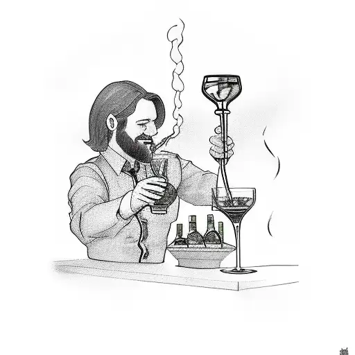 Bartender pouring whisky into a smoking joint tattoo design idea